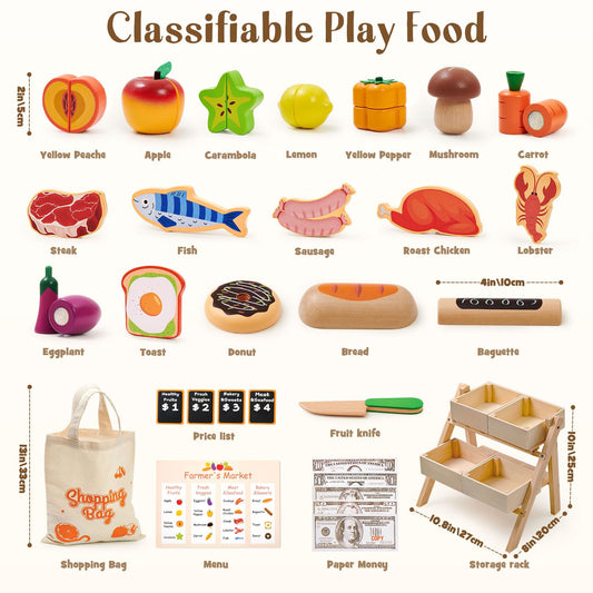 Toyssa display shelf for play food keeps kids organized during pretend shopping.