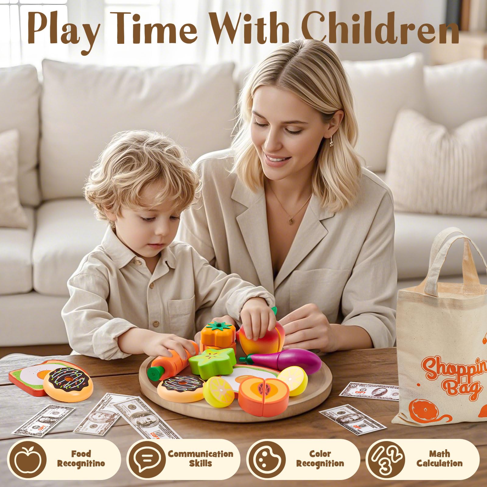 Toyssa four category wooden foods reinforce sorting and classification skills.