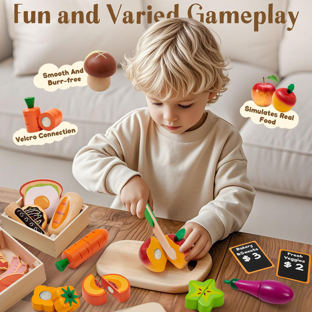 Toyssa play money and price tags help introduce basic math during shopping games.