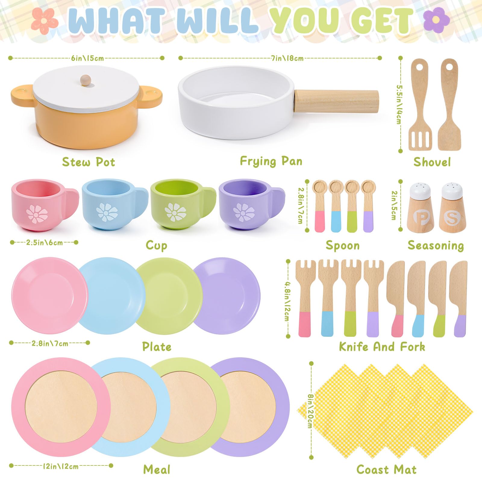 Toyssa wooden cookware set with pots and pans for kids' pretend cooking.