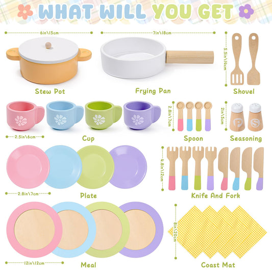 Toyssa wooden cookware set with pots and pans for kids' pretend cooking.