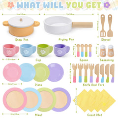 Toyssa wooden cookware set with pots and pans for kids' pretend cooking.