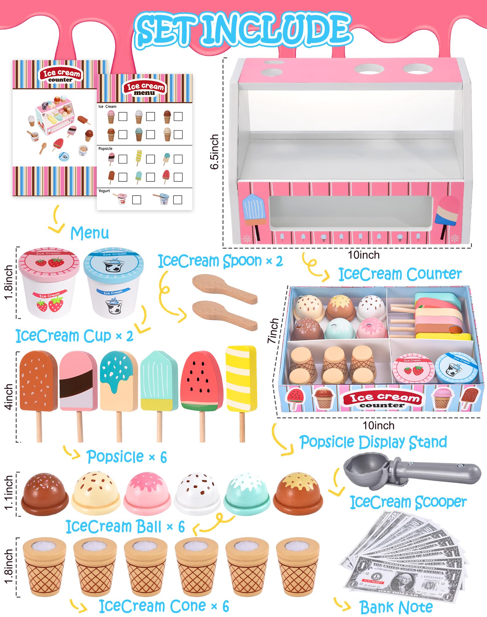 Toyssa wooden ice cream cones for bright, hands-on pretend dining experiences.