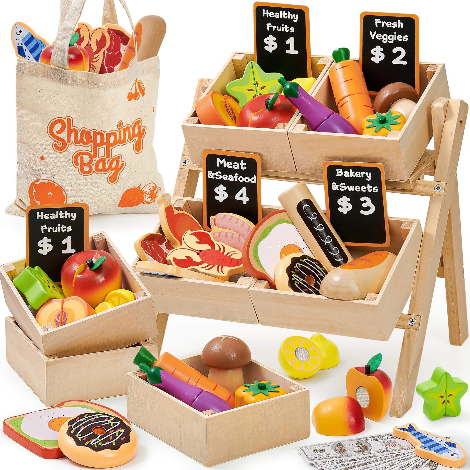 Toyssa wooden play food collection for imaginative meals and sorting practice.