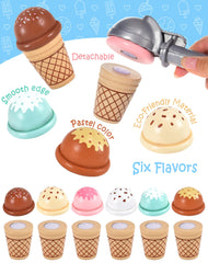 Toyssa wooden scoops and coins for real-looking transactions during play.