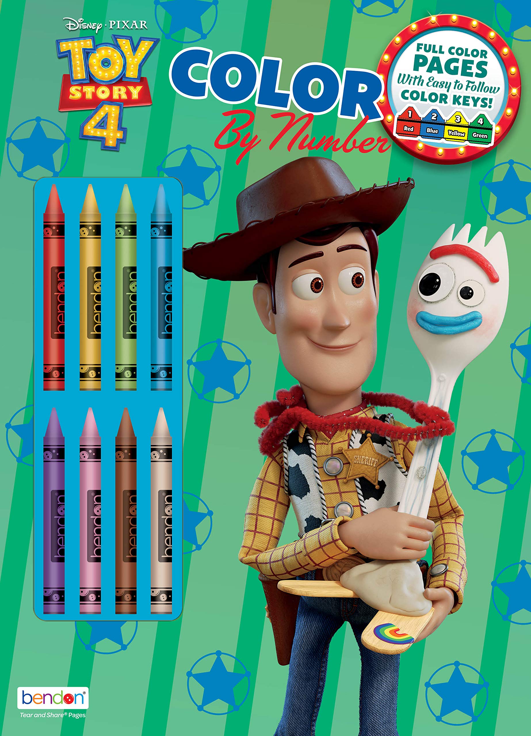Toy Story 4 color-by-number book cover with attached crayons for kid-friendly art
