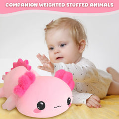 TOYSYM axolotl weighted plush, car ride companion, compact and travel-friendly.