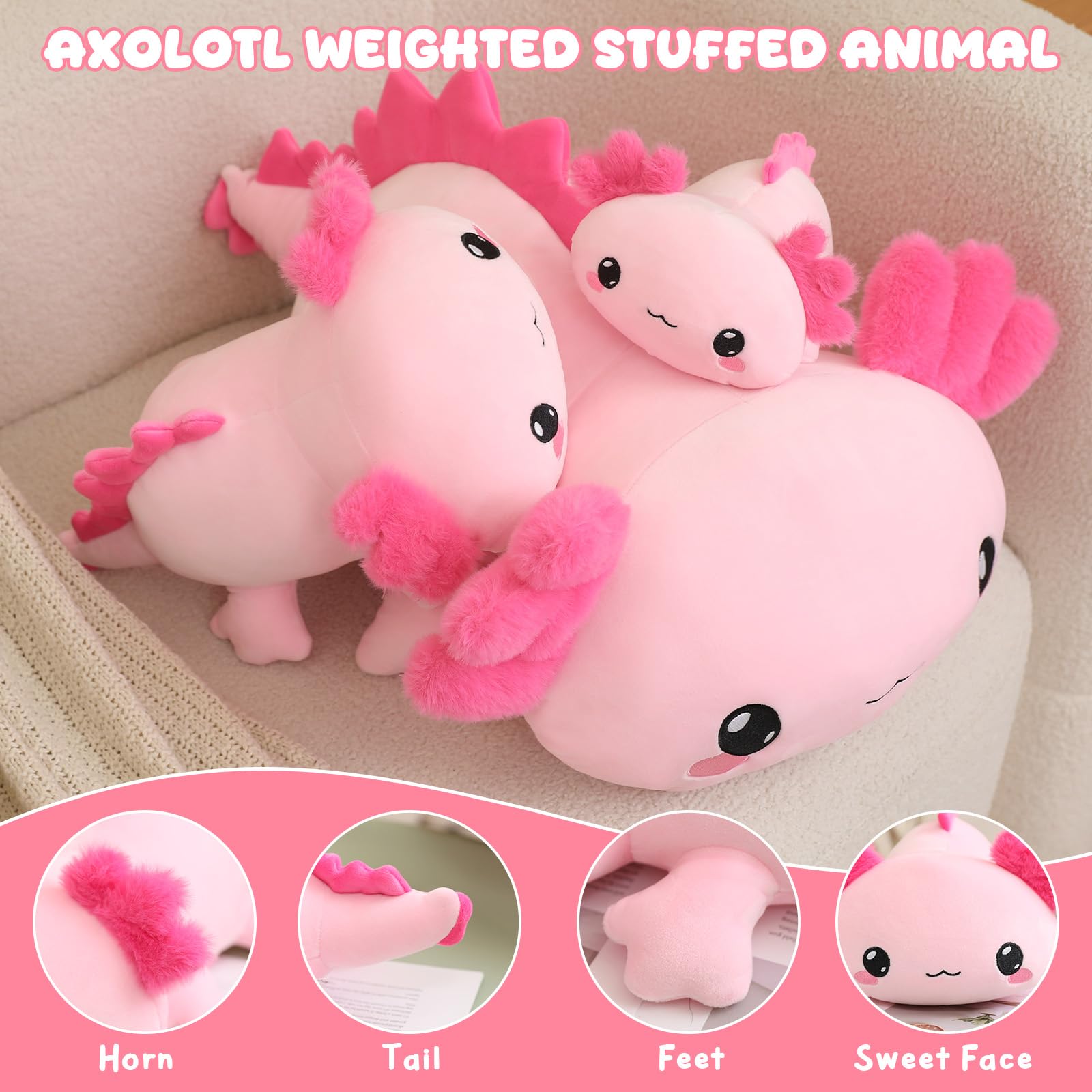 TOYSYM axolotl weighted plush on bed, bedtime companion for soft comfort.