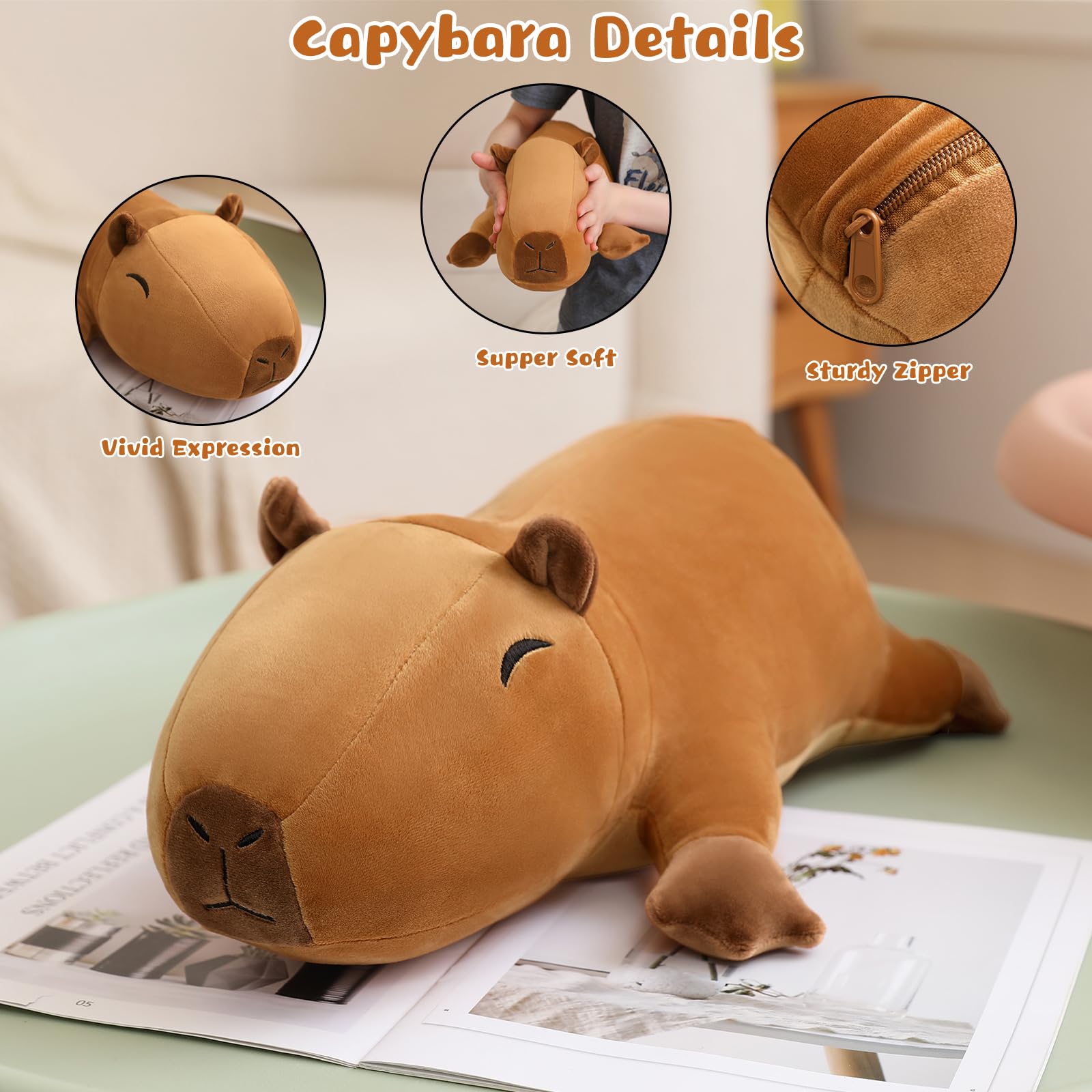 TOYSYM Capybara plush belly zipper detail enables easy removal.