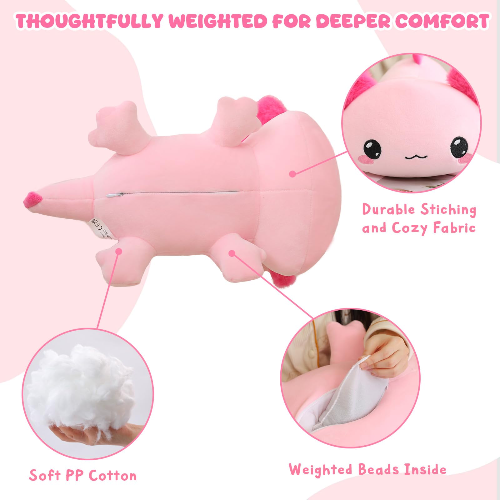 TOYSYM weighted axolotl plush used as a pillow for cozy bedtimes.