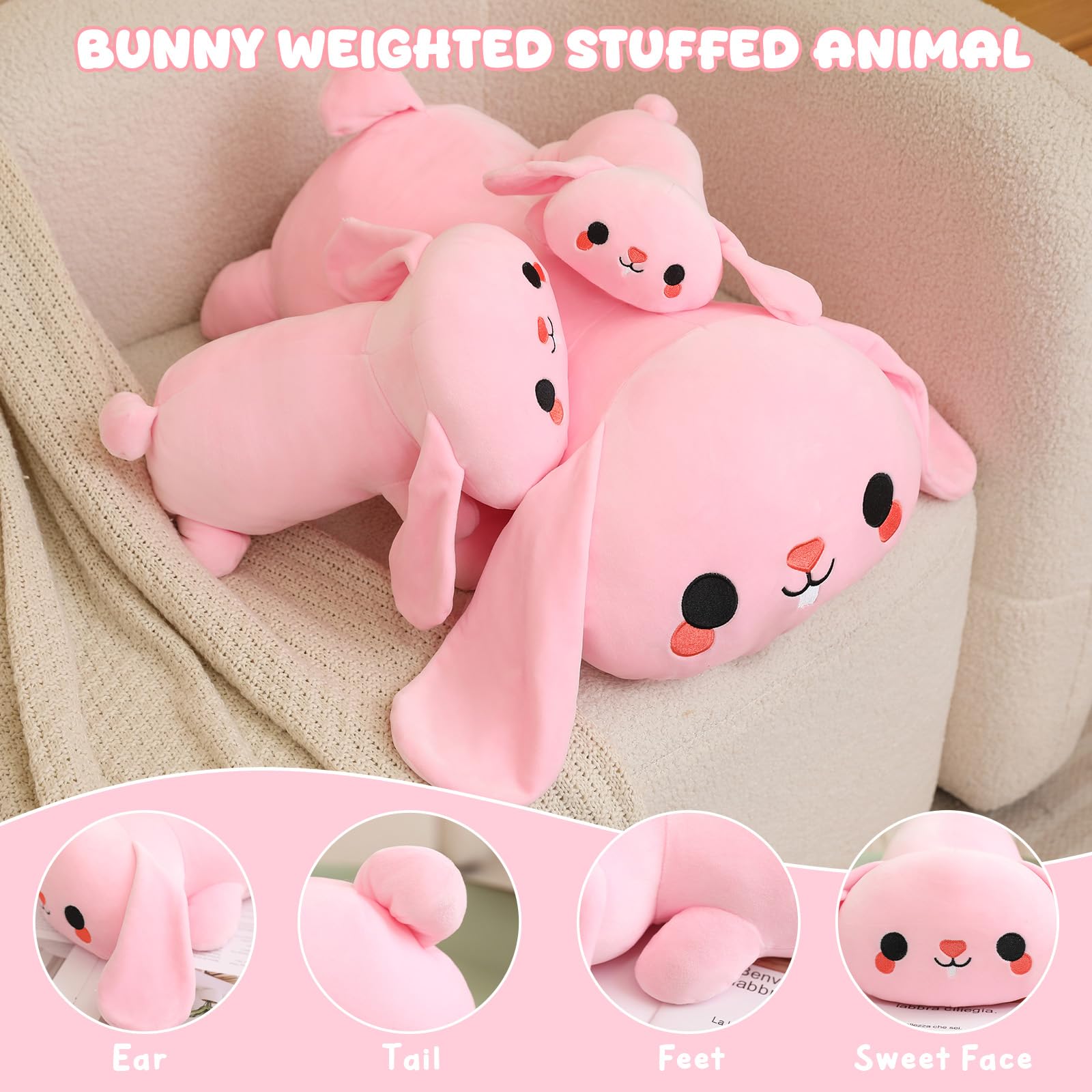 TOYSYM weighted bunny on bed as a bedtime companion for gentle nights.