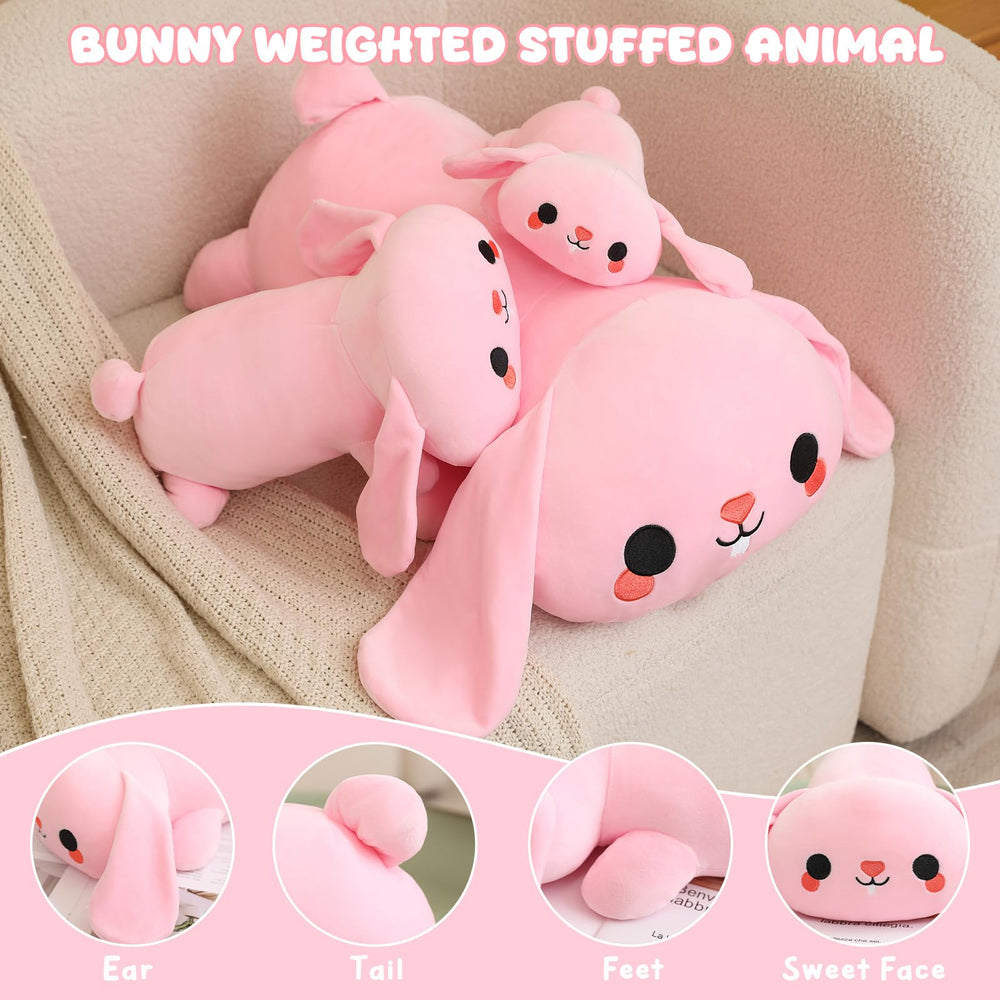 TOYSYM weighted bunny on bed as a bedtime companion for gentle nights.