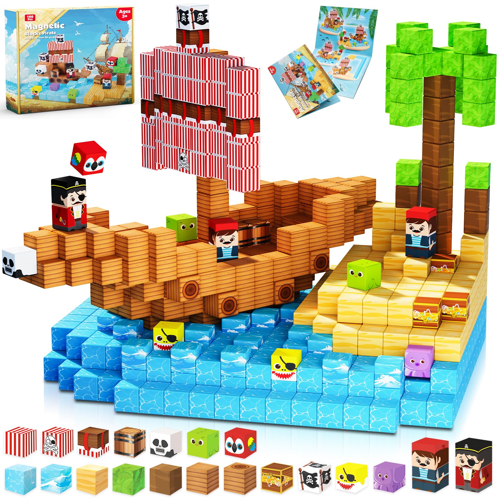 ToyUnited Magnetic Blocks 100 piece pirate ship world set sparks imaginative STEM play