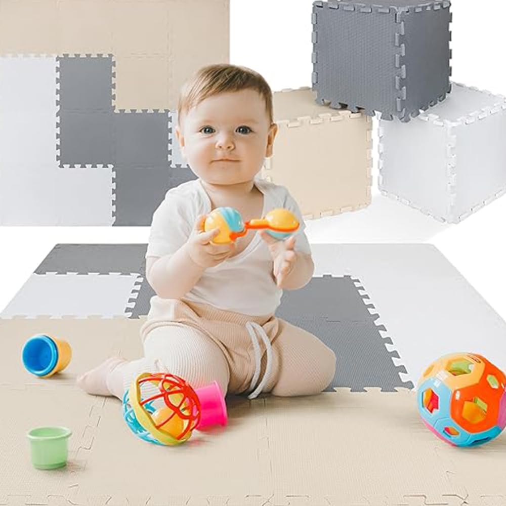 ToyVelt foam puzzle floor mat in cream-gray-beige tiles for soft baby play