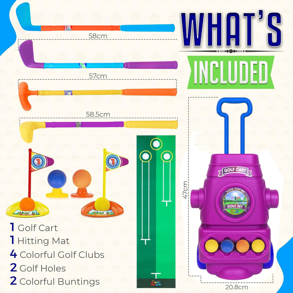 ToyVelt Toddler Golf Set purple clubs support imaginative practice sessions.