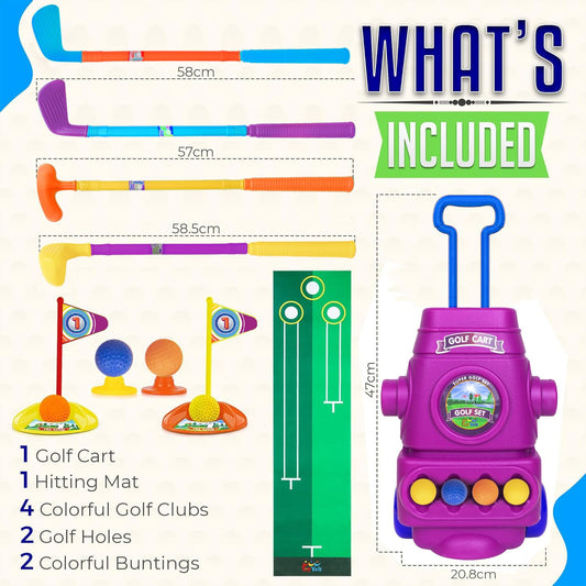 ToyVelt Toddler Golf Set purple clubs support imaginative practice sessions.
