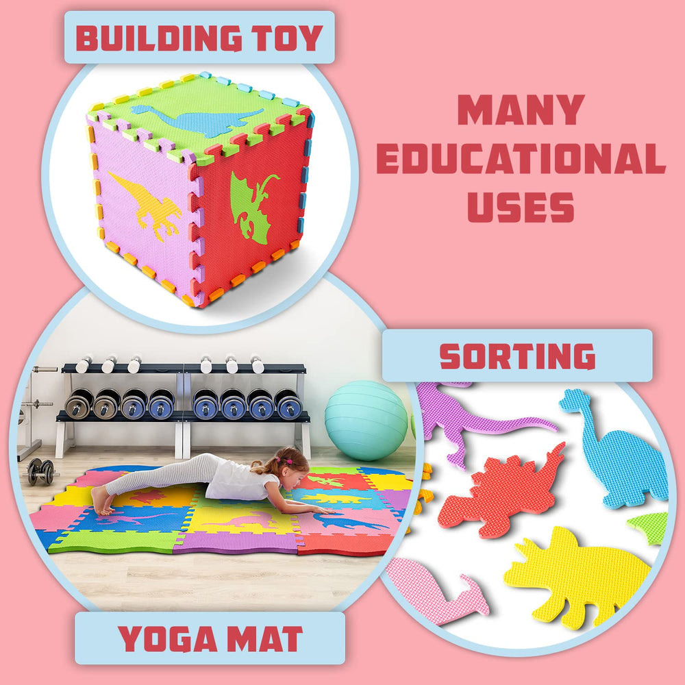 ToyVelt wavy edge pieces create smooth boundaries for the dinosaur mat.