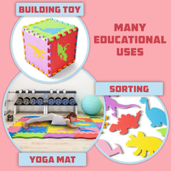 ToyVelt wavy edge pieces create smooth boundaries for the dinosaur mat.