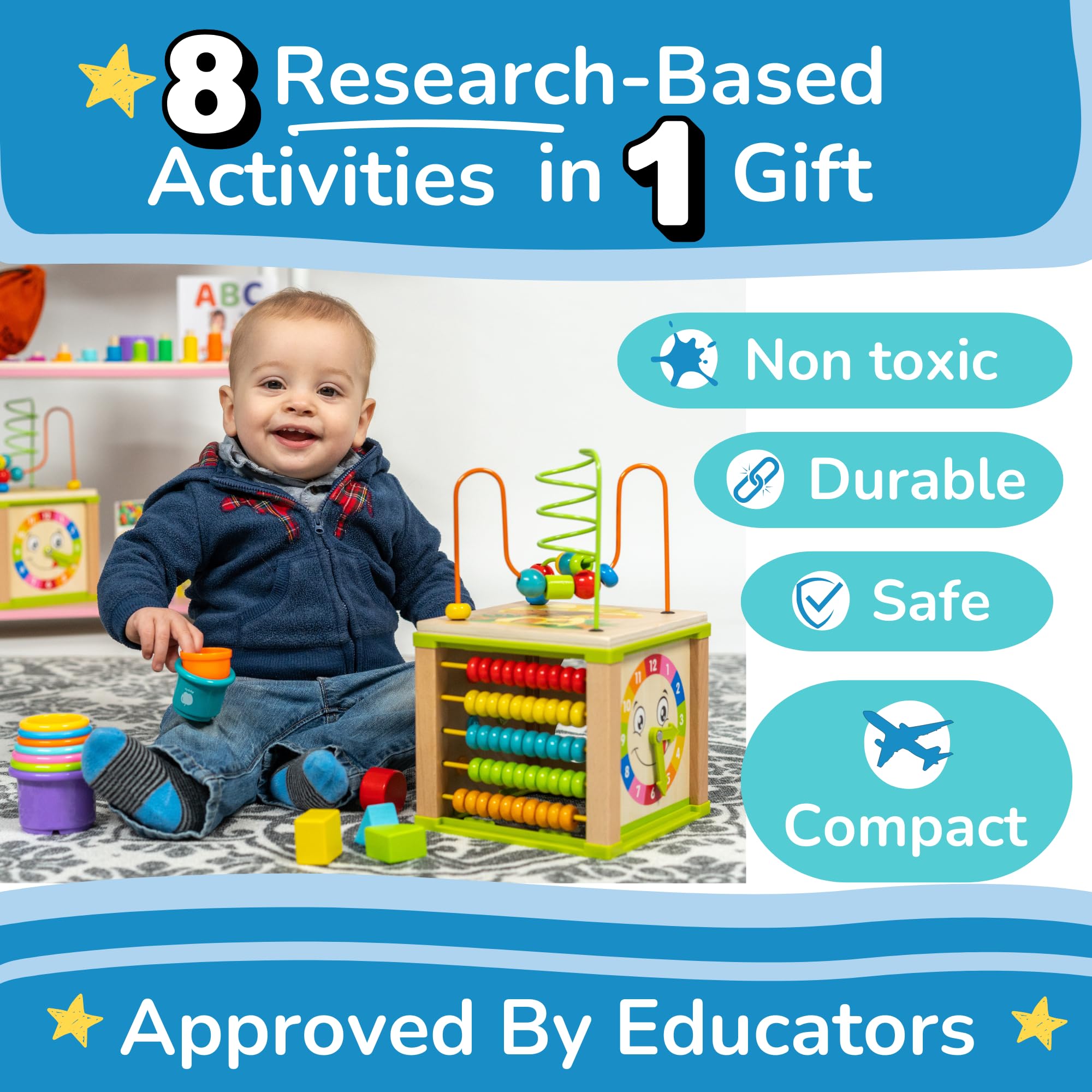TOYVENTIVE wooden activity cube abacus supports early counting through hands-on interaction