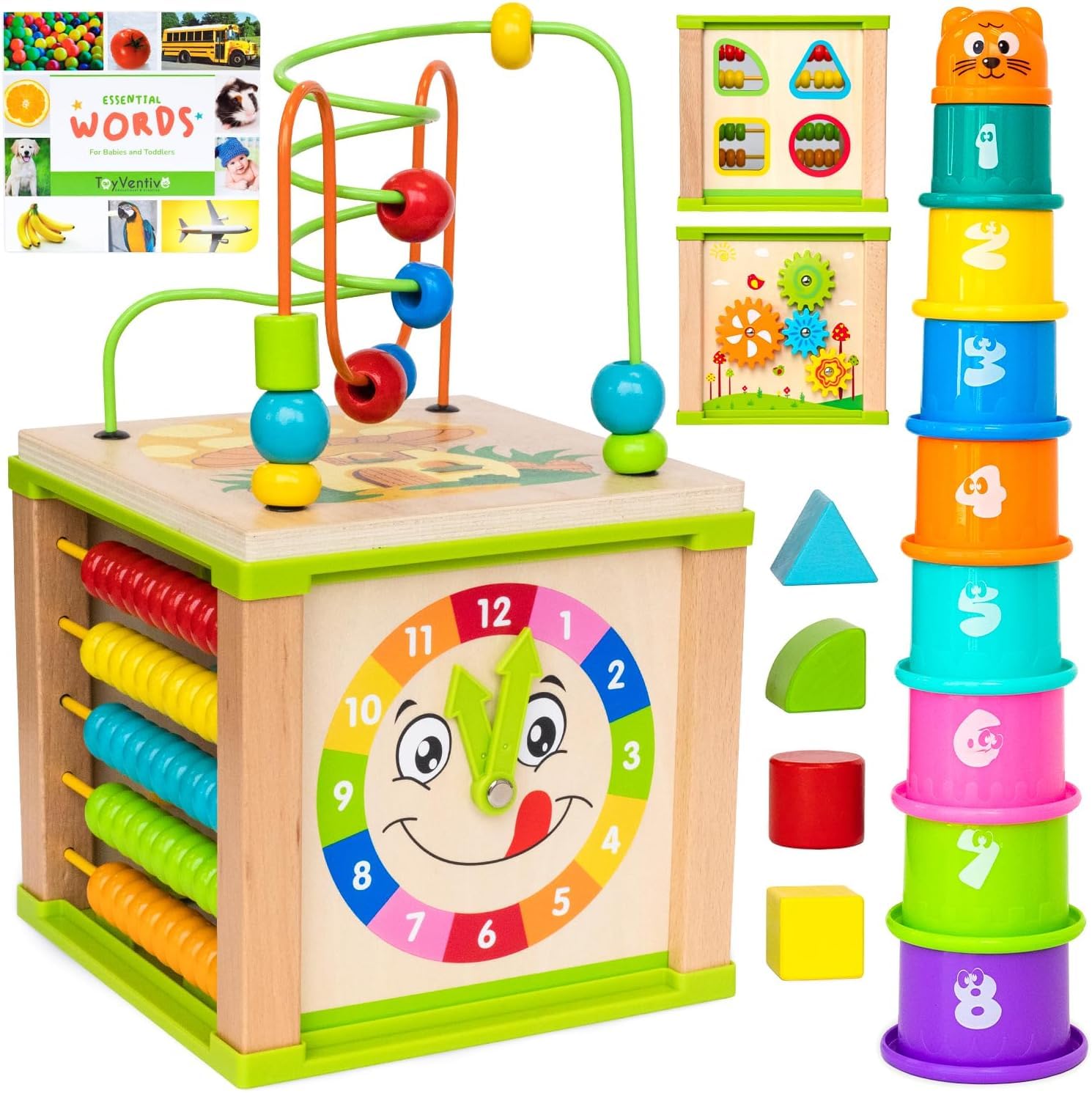 TOYVENTIVE wooden cube with bead maze boosts toddler hand-eye coordination.