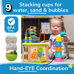 TOYVENTIVE wooden activity cube gears invites problem-solving via spinning mechanisms