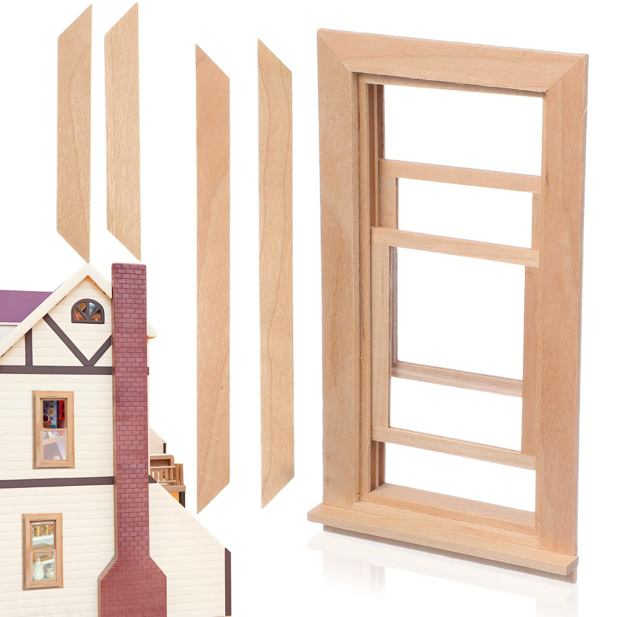 Toyvian 12-scale wooden window frame for dollhouses adds authentic detail for miniature interiors.