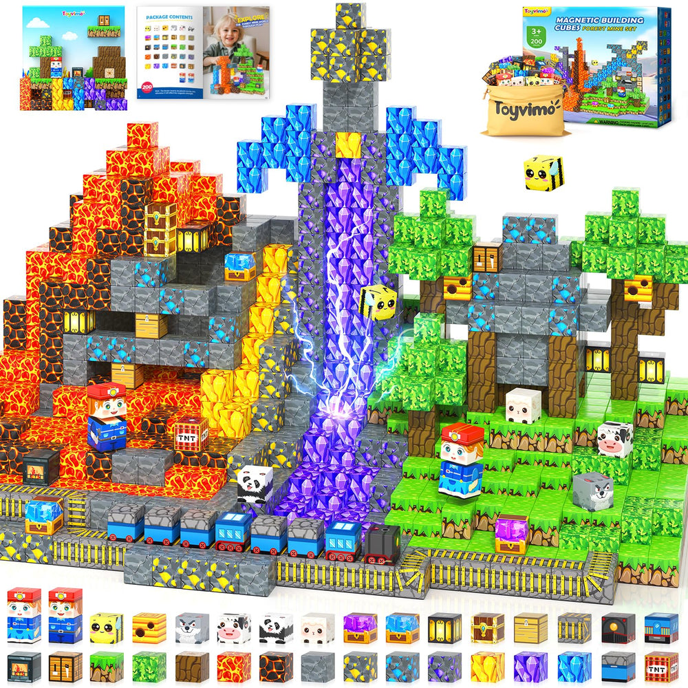 Toyvimo 200pc magnetic blocks forming a forest scene for imaginative play and hands-on learning.
