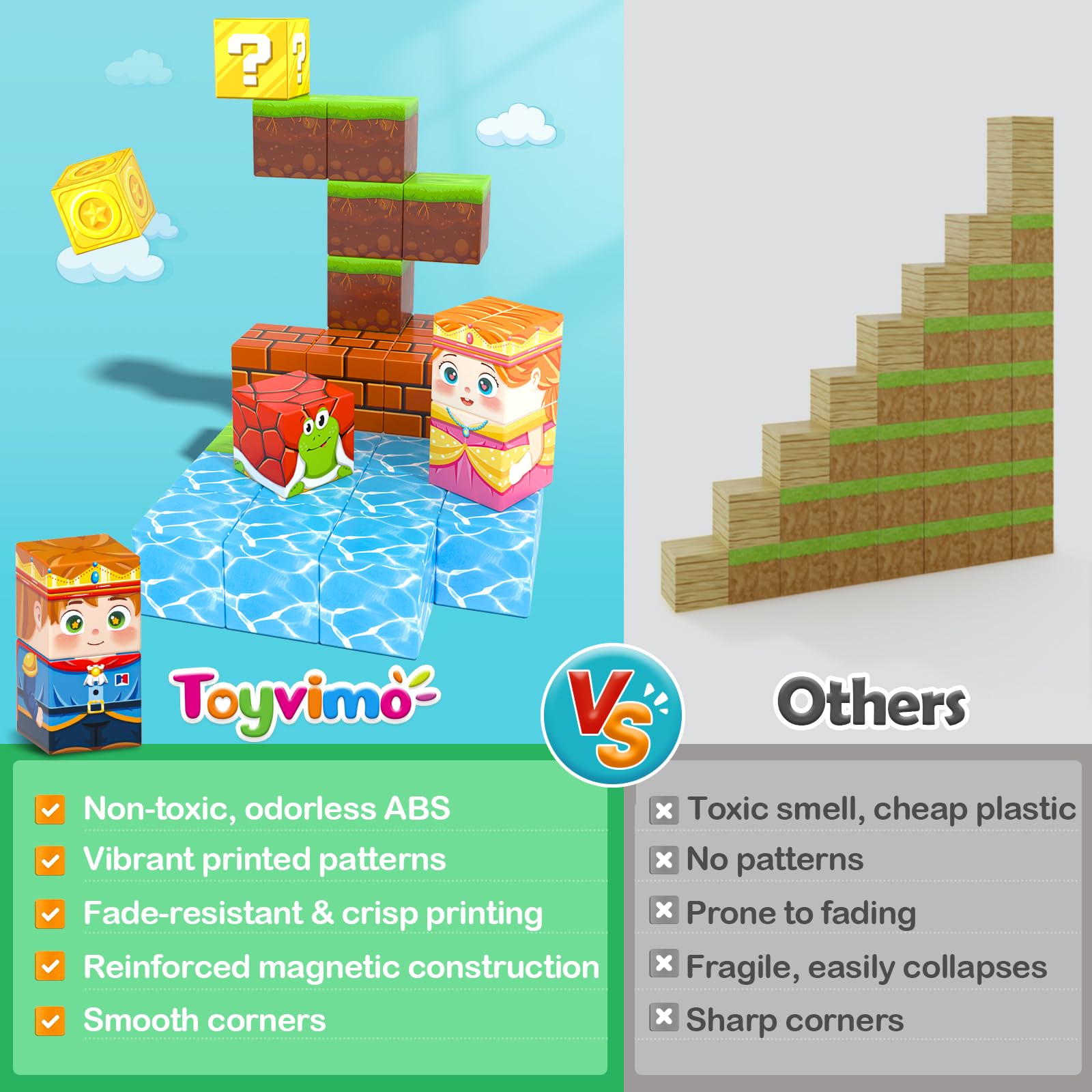 Toyvimo blocks on fridge surface illustrate magnetic adhesion for stable creations
