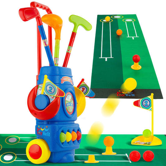 ToyVelt Toddler Golf Set blue full view shows complete kit for versatile playtime