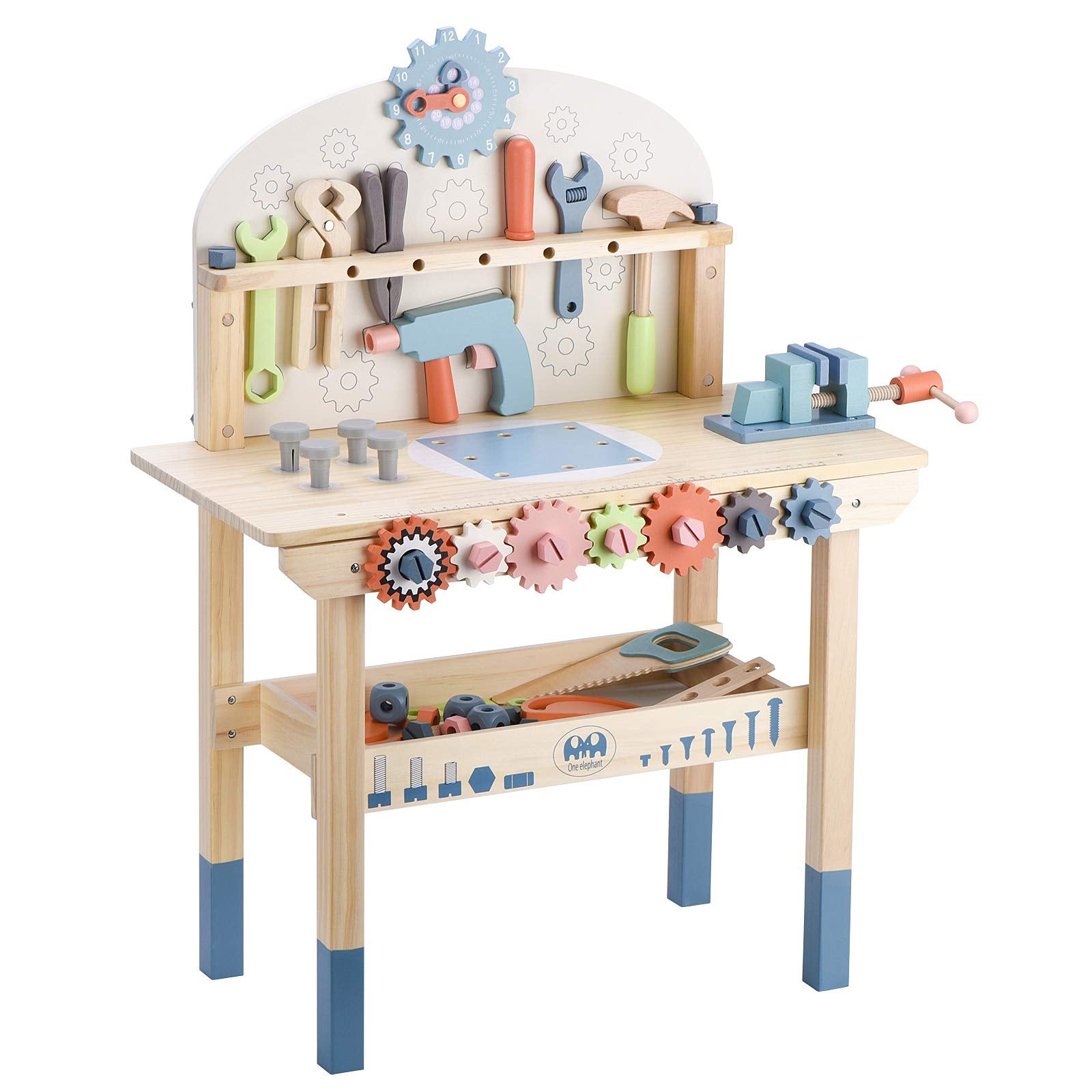 Toywoo tool bench for kids with wooden structure and interactive tools for play.
