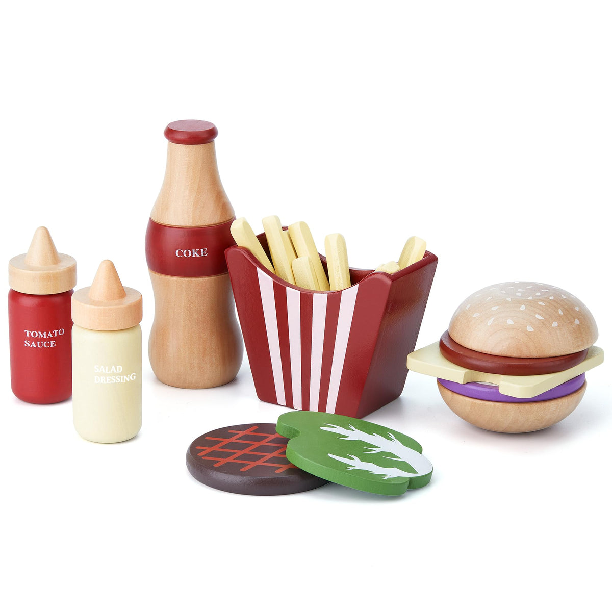 Toywoo wooden hamburger assembly with realistic ingredients for imaginative play and fine motor skills