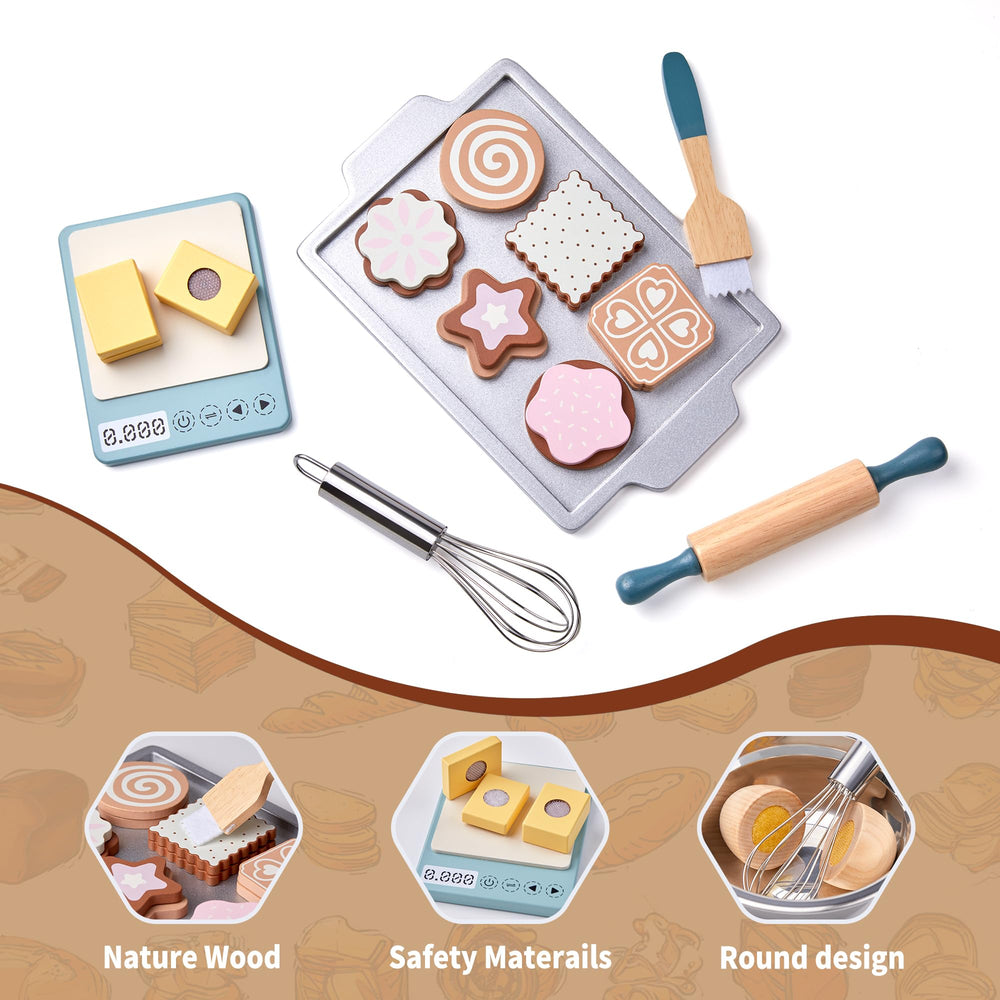 Toywoo wooden play food scale and sugar supporting counting and role-play tasks.