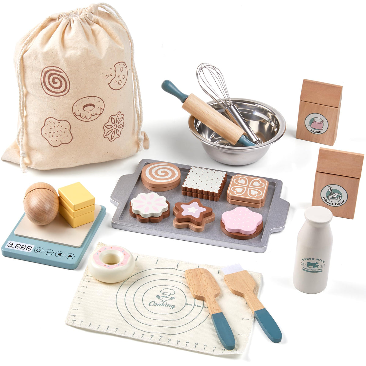 Toywoo wooden play food set with whisk and pan for creative pretend cooking.