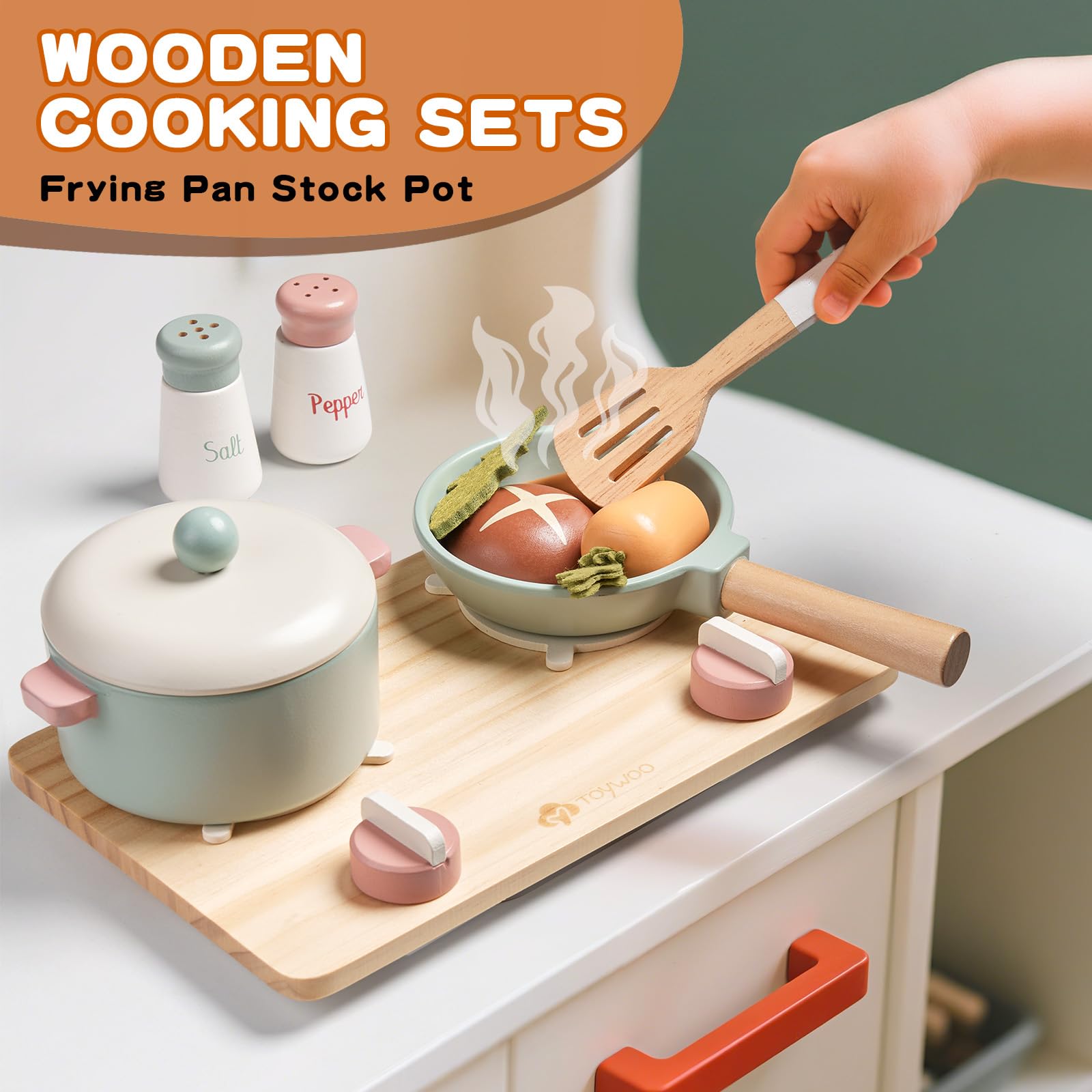 Toywoo wooden stove plates and tableware create realistic pretend kitchen scenes