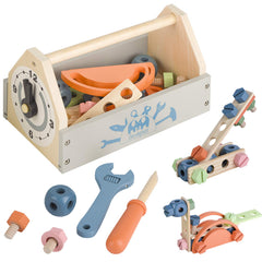Toywoo wooden toolbox contents with 34 pieces for imaginative play and learning.