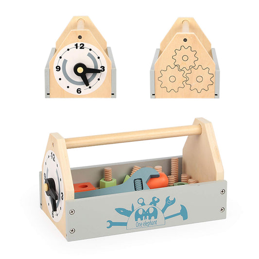 Toywoo wooden toolbox with hammer and tools for hands-on construction fun.