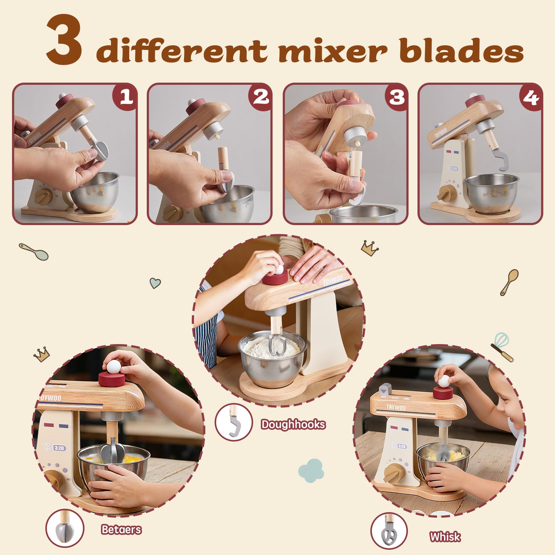 Toywoo mixer with traditional beaters for durable kitchen role play