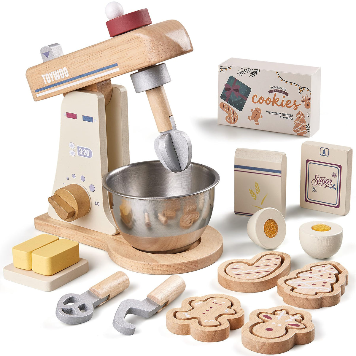 Toywoo wooden toy mixer with bowl for imaginative pretend baking
