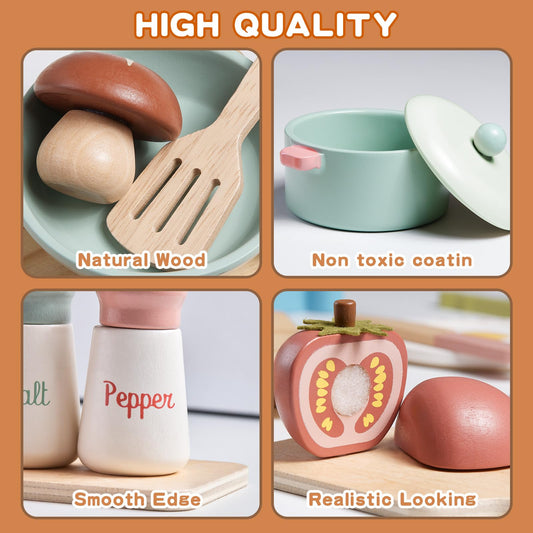 Toywoo wooden utensils playset helps young chefs practice pretend cooking