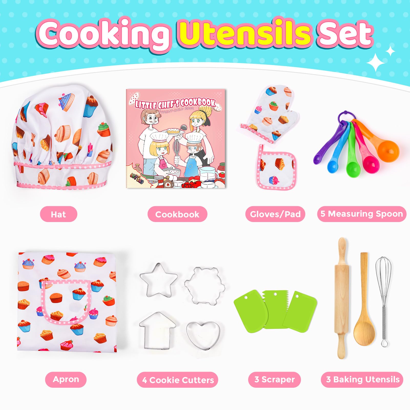 Toyze chef hat and apron set, perfect for role play and real kitchen tasks.