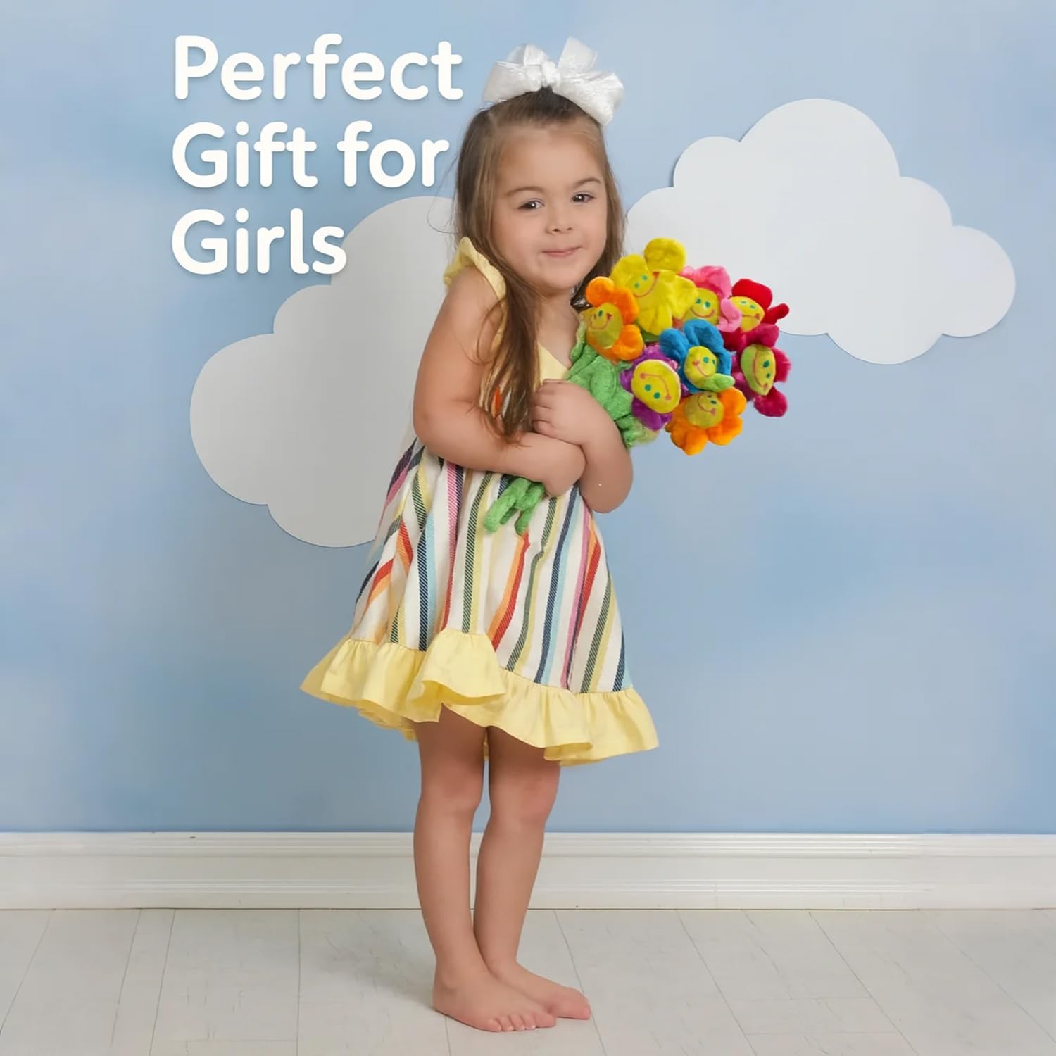 Vibrant colors and embroidered petals invite imaginative, story-led play.