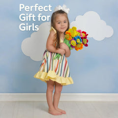 Vibrant colors and embroidered petals invite imaginative, story-led play.