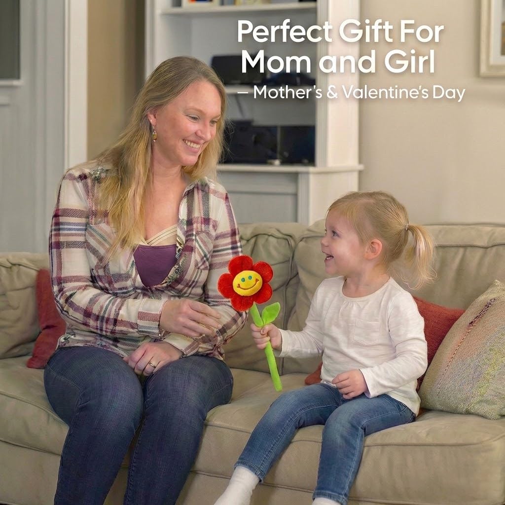 Smiley-face companion on a plush flower supports comforting play during separation.