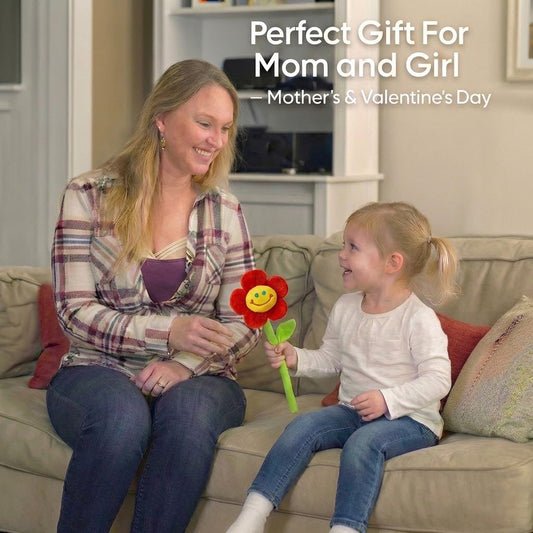 Smiley-face companion on a plush flower supports comforting play during separation.