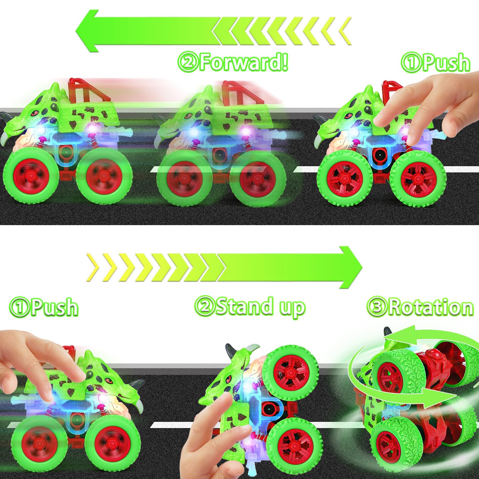 TQBYNJ dinosaur monster truck performing a 360° spin to spark imagination.
