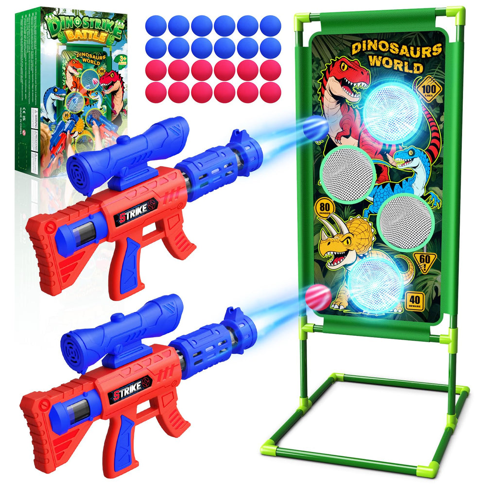 Tqeieu dinosaur shooting game with two air pump launchers for active indoor play.
