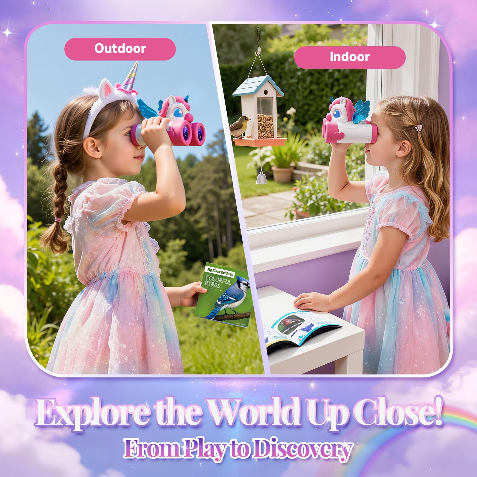 Tqeieu unicorn binoculars easy-focus design offers quick viewing for toddlers.