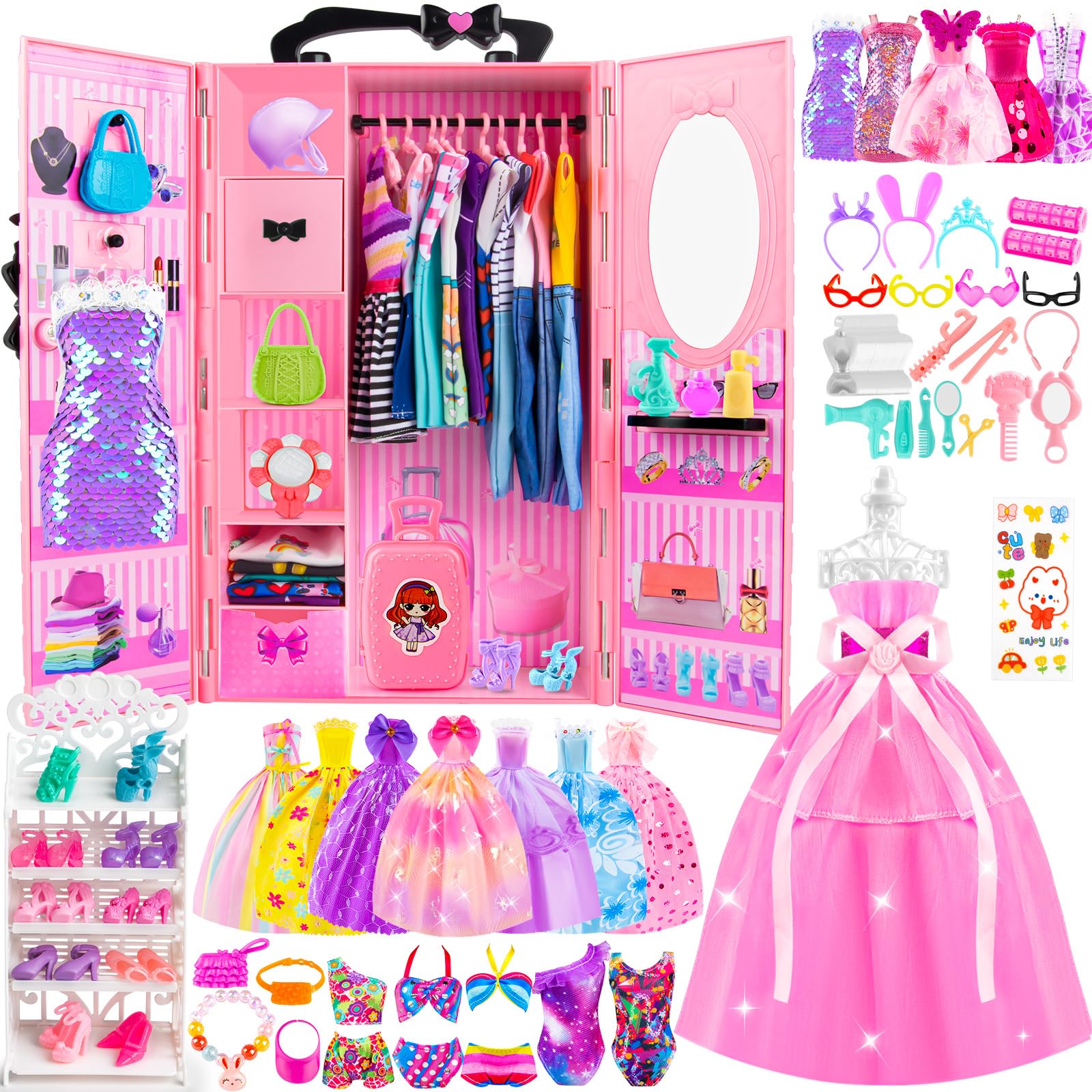 TQRAZ 137-pcs doll closet wardrobe shown for organized outfits and play