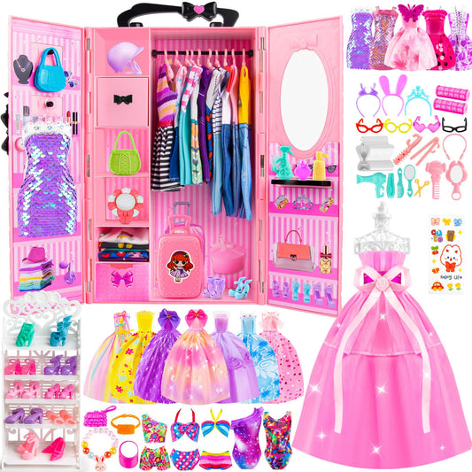 TQRAZ 137-pcs doll closet wardrobe shown for organized outfits and play