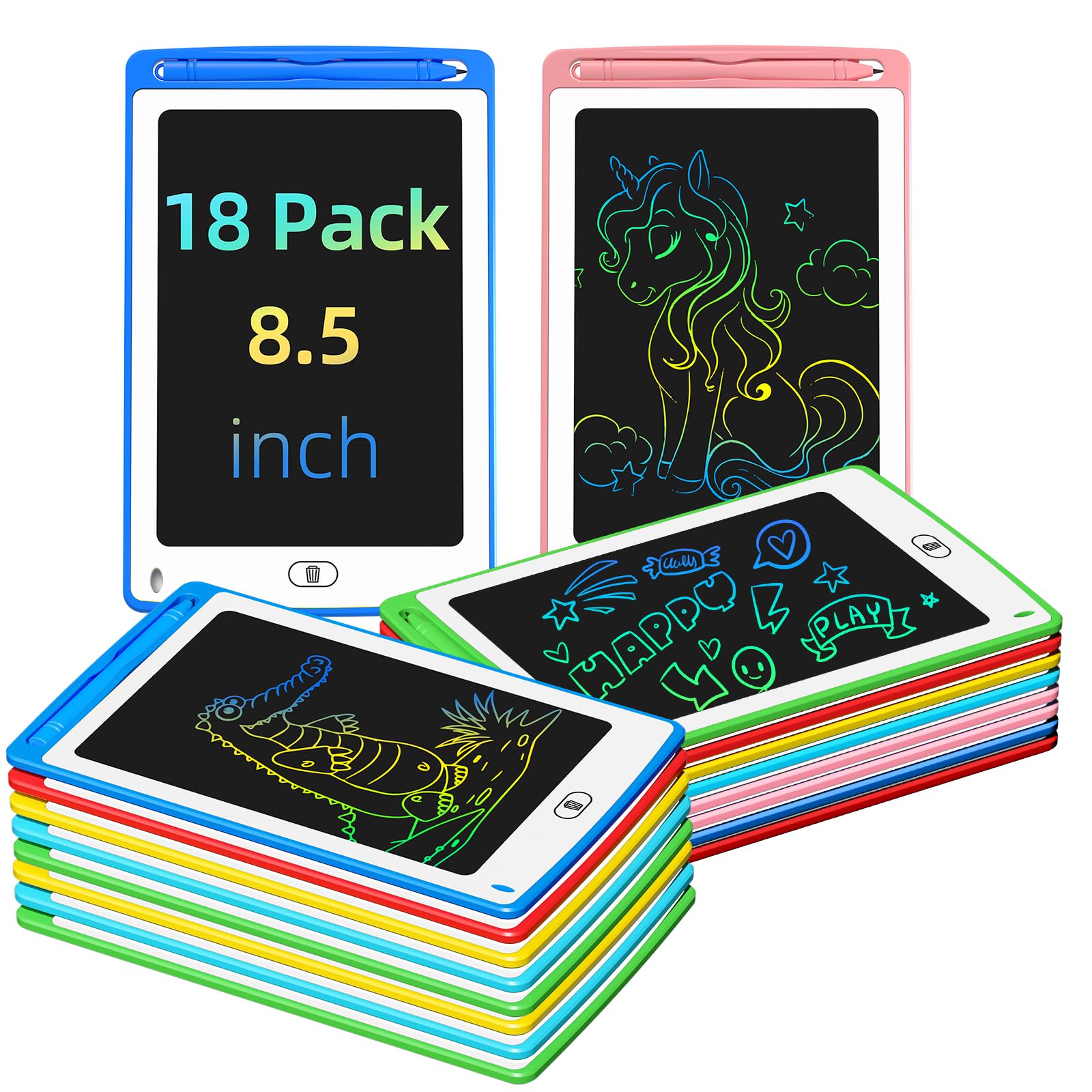 TQU 18-pack LCD writing tablet for kids, front view with bright colors for doodling.